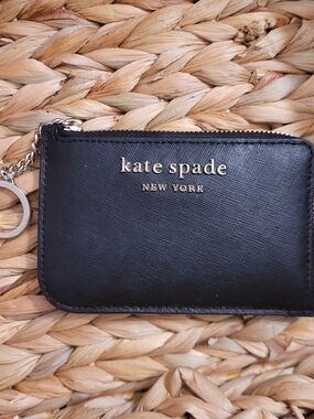 kate spade New York Black Leather Zip Card Holder Case Keychain Wallet